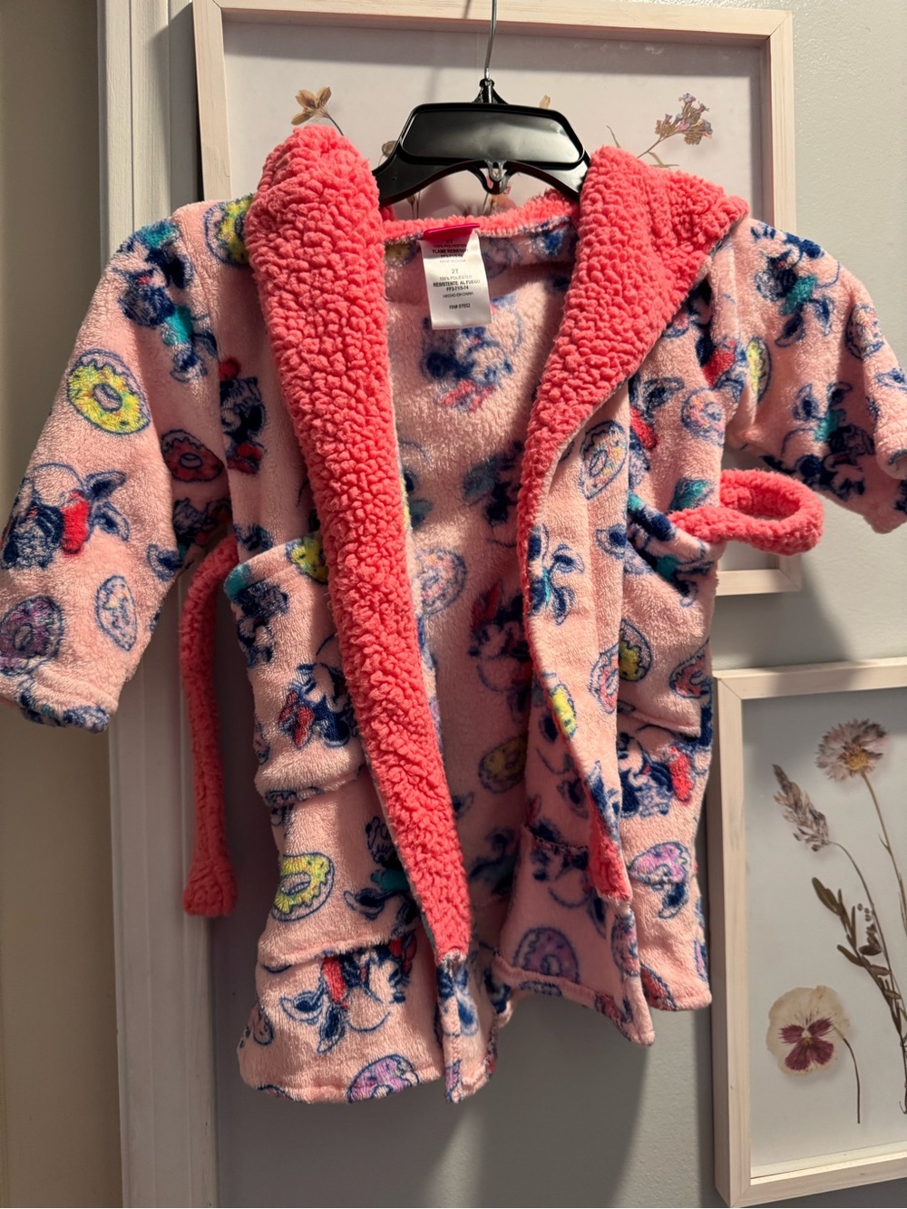 Little Girls Minnie Mouse Pink Plush Hooded Robe W/donuts Size 2T